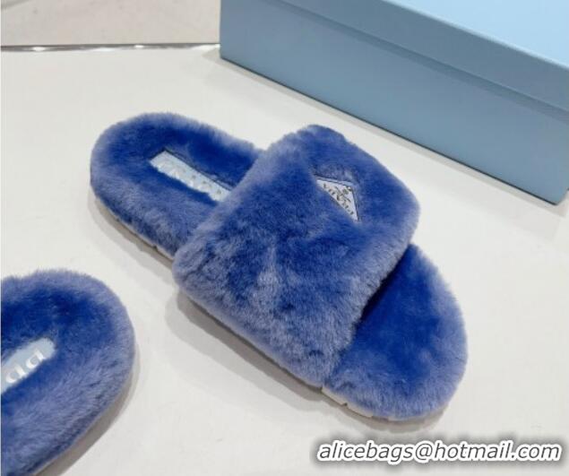 Best Grade Prada Wool Flat Slide Sandals Blue 831019