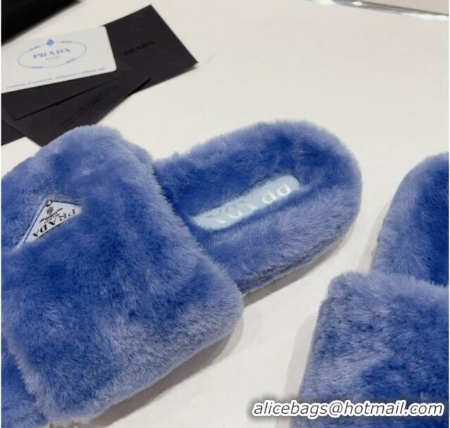 Best Grade Prada Wool Flat Slide Sandals Blue 831019