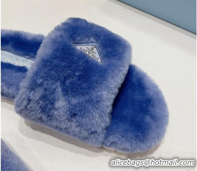 Best Grade Prada Wool Flat Slide Sandals Blue 831019