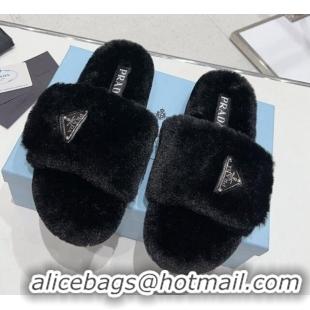 Grade Quality Prada Wool Flat Slide Sandals Black 831020