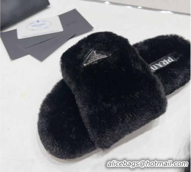 Grade Quality Prada Wool Flat Slide Sandals Black 831020