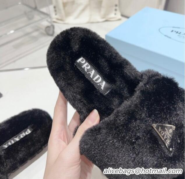 Grade Quality Prada Wool Flat Slide Sandals Black 831020