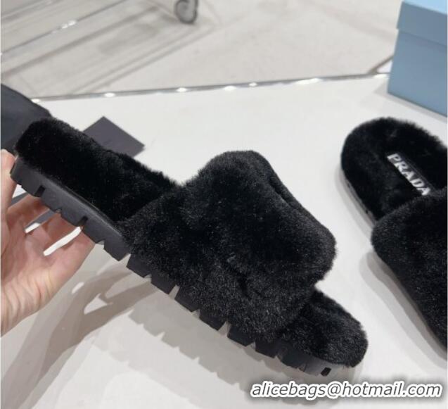 Grade Quality Prada Wool Flat Slide Sandals Black 831020