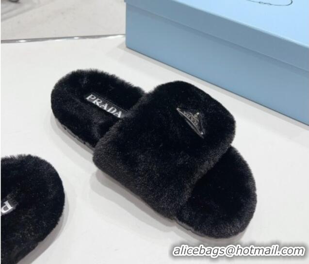 Grade Quality Prada Wool Flat Slide Sandals Black 831020