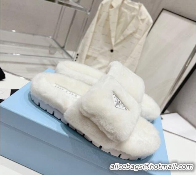 Low Price Prada Wool Flat Slide Sandals White 831022