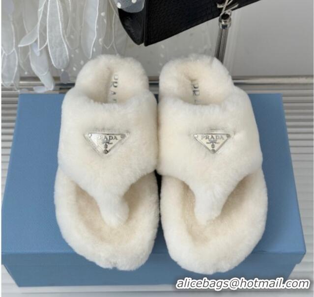 Good Looking Prada Wool Flat Thong Slide Sandals White 901100