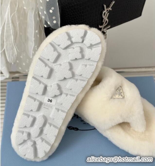 Good Looking Prada Wool Flat Thong Slide Sandals White 901100