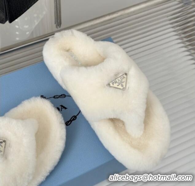 Good Looking Prada Wool Flat Thong Slide Sandals White 901100