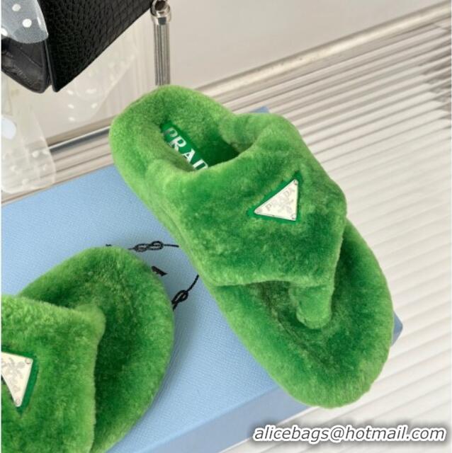 Discount Fashion Prada Wool Flat Thong Slide Sandals Green 901101