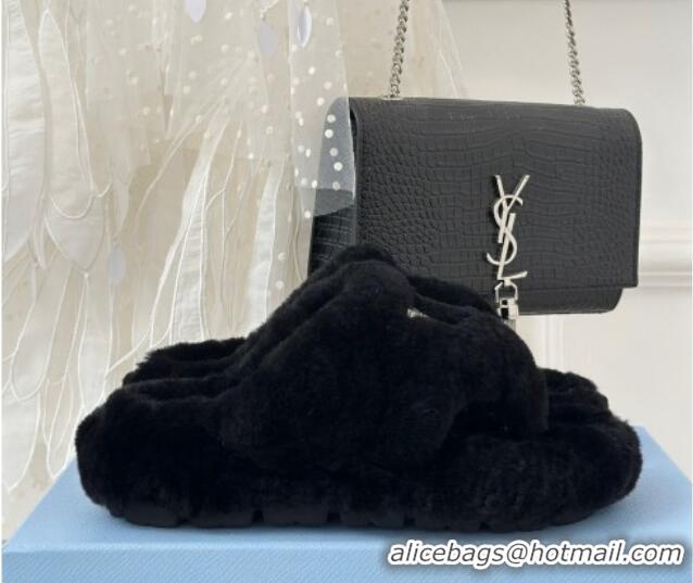 Top Grade Prada Wool Flat Thong Slide Sandals Black 901102