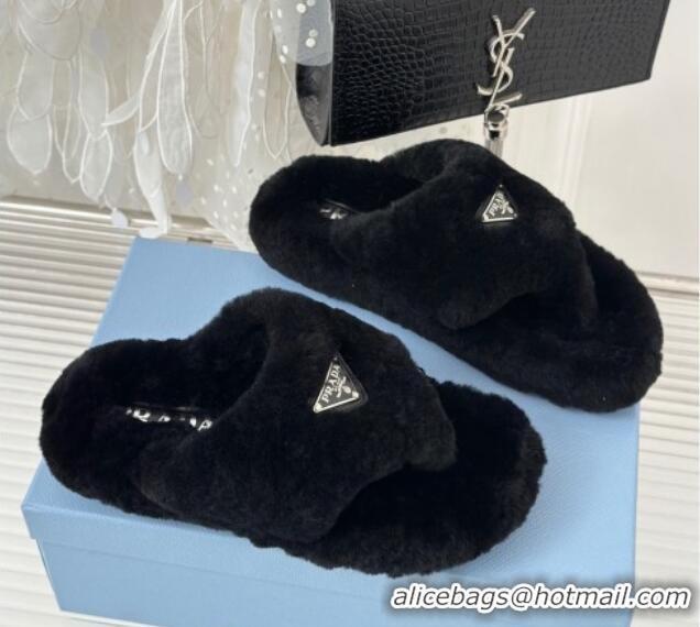 Top Grade Prada Wool Flat Thong Slide Sandals Black 901102