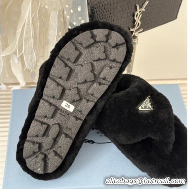 Top Grade Prada Wool Flat Thong Slide Sandals Black 901102