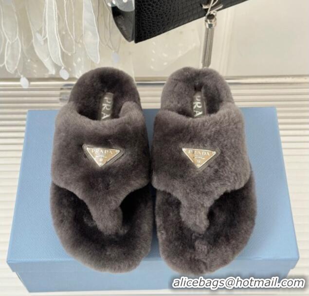 Low Cost Prada Wool Flat Thong Slide Sandals Grey 901104