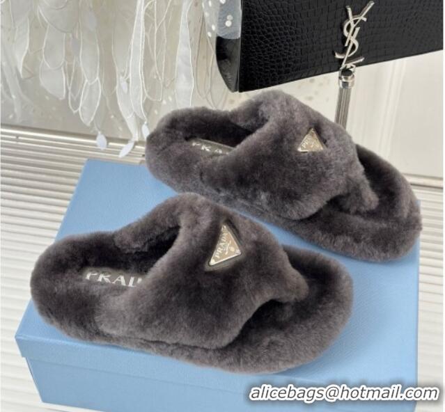 Low Cost Prada Wool Flat Thong Slide Sandals Grey 901104