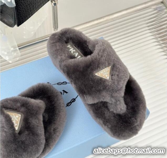 Low Cost Prada Wool Flat Thong Slide Sandals Grey 901104