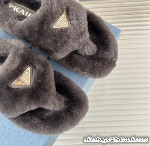 Low Cost Prada Wool Flat Thong Slide Sandals Grey 901104