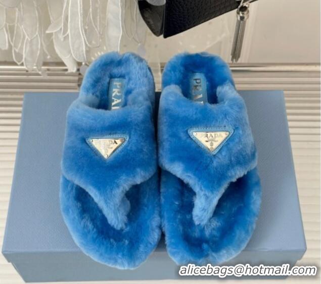 Classic Prada Wool Flat Thong Slide Sandals Blue 901105