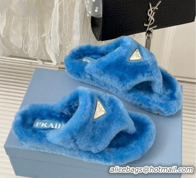 Classic Prada Wool Flat Thong Slide Sandals Blue 901105