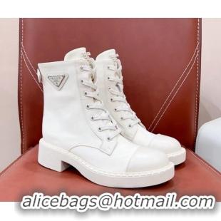 Sumptuous Prada Nylon and Brushed Leather Lace-up Ankle Boots White 901114