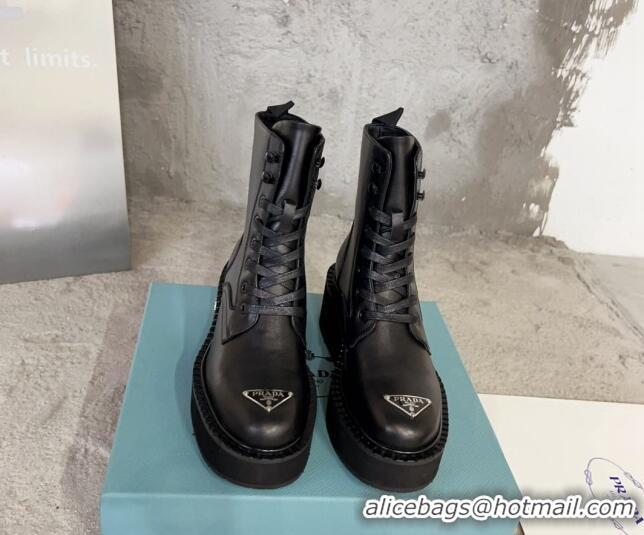 Good Quality Prada Calf Leather Platform Ankle Boots 6cm with Front Logo Black 901116