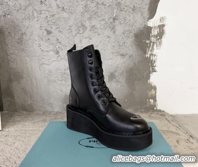 Good Quality Prada Calf Leather Platform Ankle Boots 6cm with Front Logo Black 901116