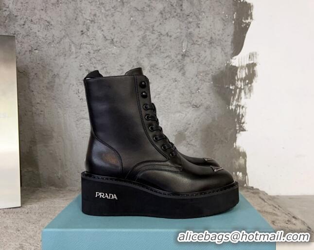 Good Quality Prada Calf Leather Platform Ankle Boots 6cm with Front Logo Black 901116