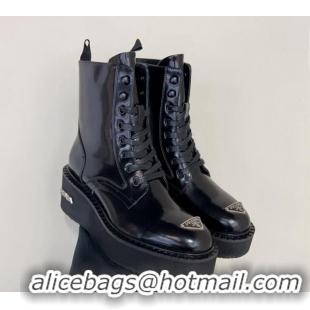 Popular Style Prada Brushed Leather Platform Ankle Boots 6cm with Front Logo Black 901117