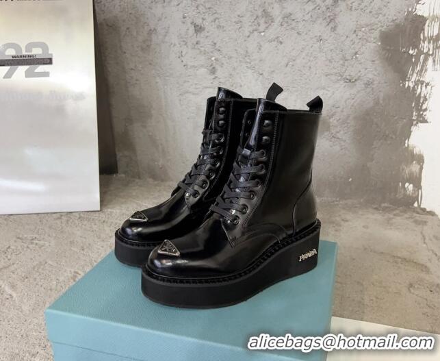 Popular Style Prada Brushed Leather Platform Ankle Boots 6cm with Front Logo Black 901117