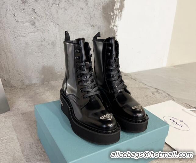 Popular Style Prada Brushed Leather Platform Ankle Boots 6cm with Front Logo Black 901117