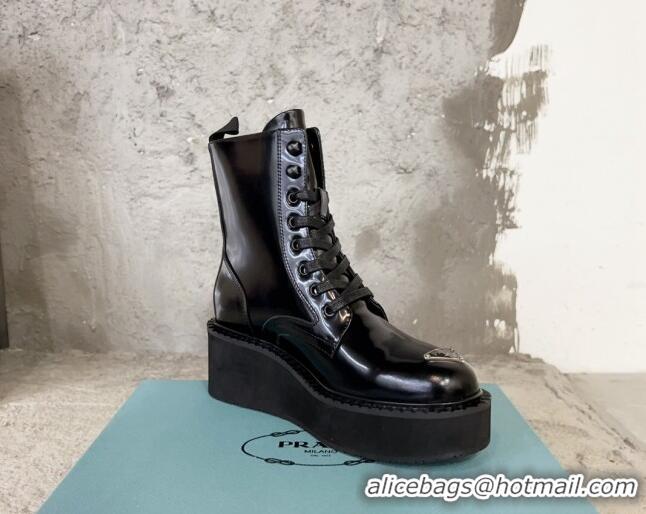 Popular Style Prada Brushed Leather Platform Ankle Boots 6cm with Front Logo Black 901117