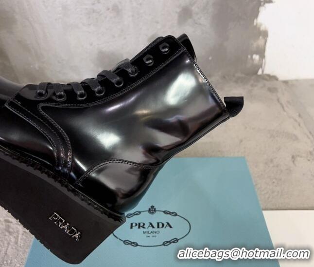 Popular Style Prada Brushed Leather Platform Ankle Boots 6cm with Front Logo Black 901117