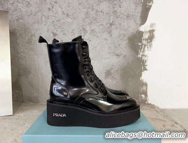 Popular Style Prada Brushed Leather Platform Ankle Boots 6cm with Front Logo Black 901117