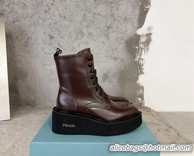 Expensive Prada Brushed Leather Platform Ankle Boots 6cm with Front Logo Burgundy 901118