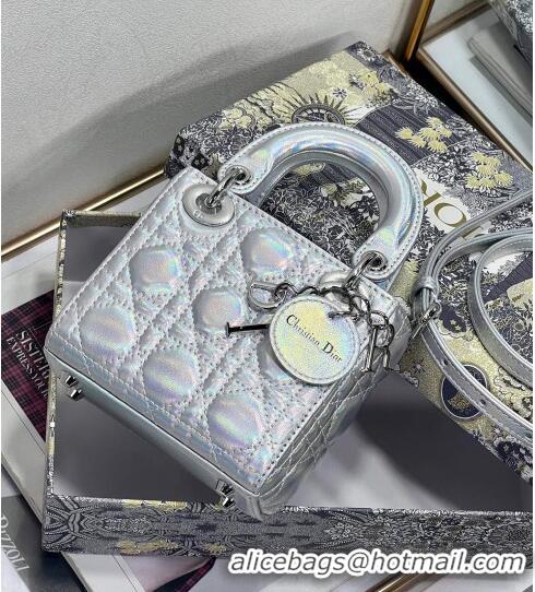 Discount Dior Micro Lady Dior Bag in Iridescent Cannage Leather 1021 Silver 2023