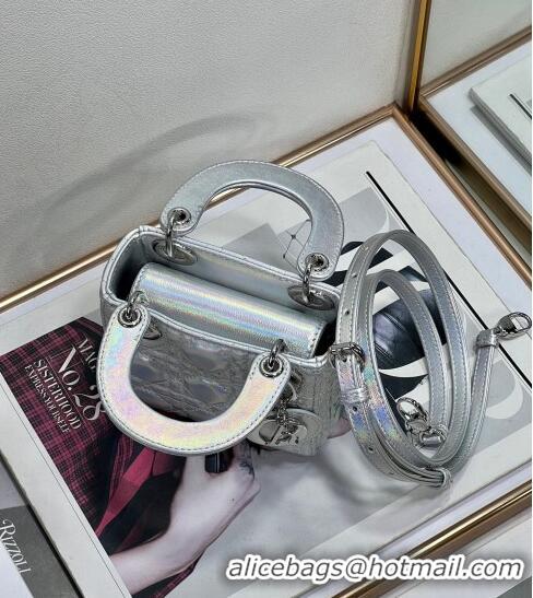 Discount Dior Micro Lady Dior Bag in Iridescent Cannage Leather 1021 Silver 2023