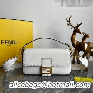 Buy Discount Fendi Baguette Medium Bag in Grained Calfskin with oversize topstitching F1065 White 2023