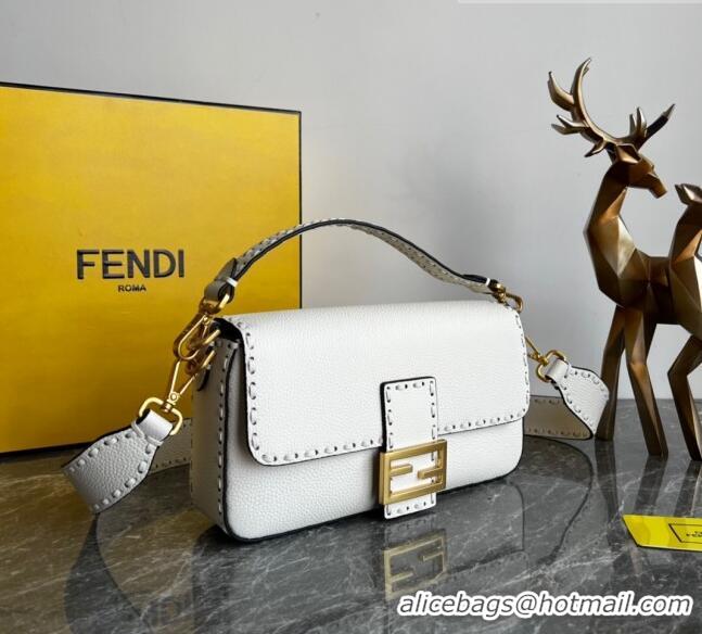 Buy Discount Fendi Baguette Medium Bag in Grained Calfskin with oversize topstitching F1065 White 2023