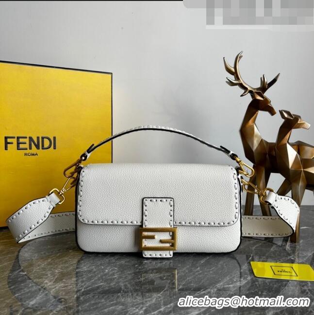 Buy Discount Fendi Baguette Medium Bag in Grained Calfskin with oversize topstitching F1065 White 2023