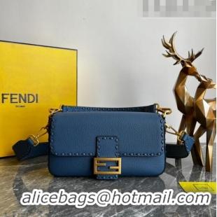 Most Popular Fendi Baguette Medium Bag in Grained Calfskin with oversize topstitching F1065 Blue 2023