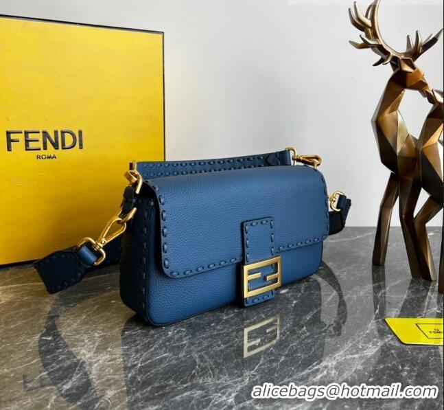 Most Popular Fendi Baguette Medium Bag in Grained Calfskin with oversize topstitching F1065 Blue 2023