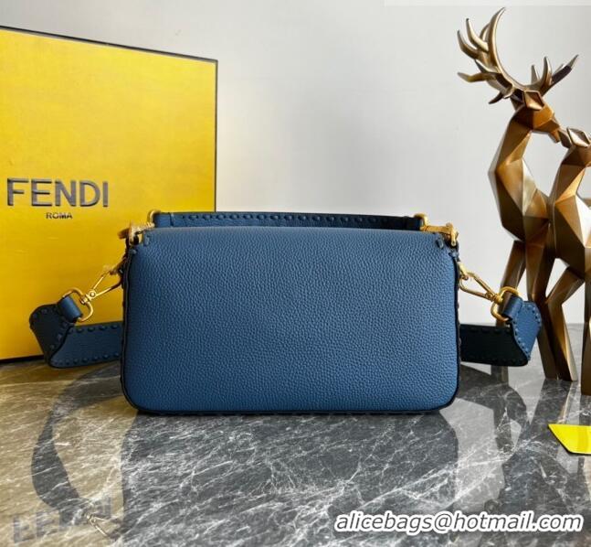 Most Popular Fendi Baguette Medium Bag in Grained Calfskin with oversize topstitching F1065 Blue 2023