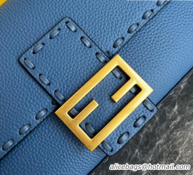 Most Popular Fendi Baguette Medium Bag in Grained Calfskin with oversize topstitching F1065 Blue 2023