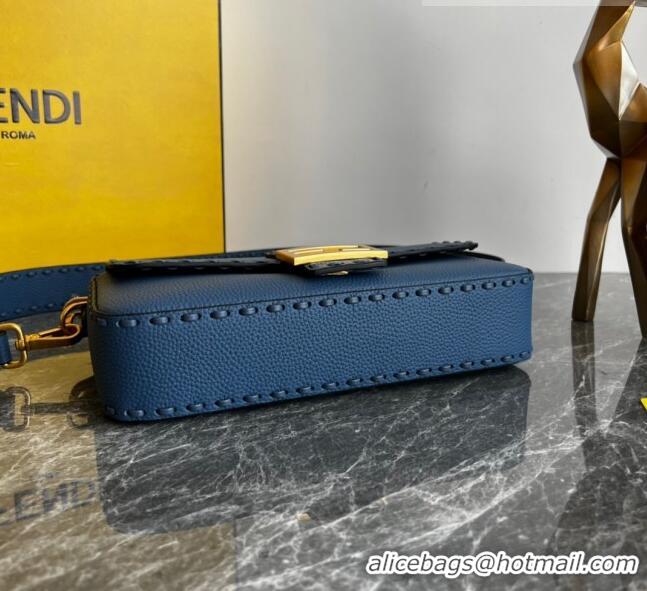 Most Popular Fendi Baguette Medium Bag in Grained Calfskin with oversize topstitching F1065 Blue 2023