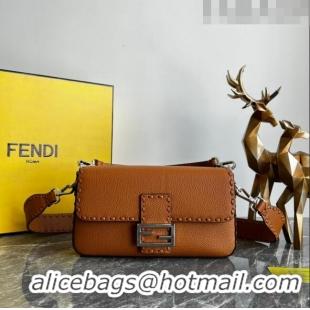 Top Quality Fendi Baguette Medium Bag in Grained Calfskin with oversize topstitching F1065 Brown 2023