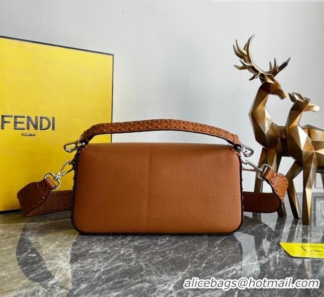 Top Quality Fendi Baguette Medium Bag in Grained Calfskin with oversize topstitching F1065 Brown 2023