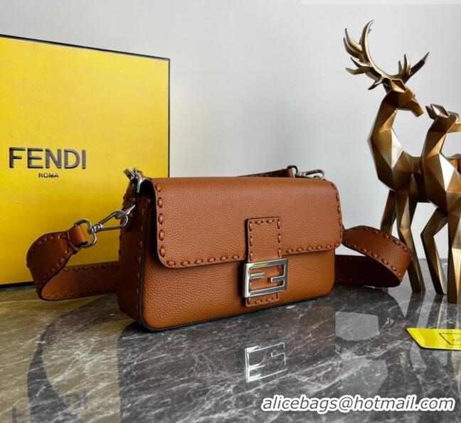 Top Quality Fendi Baguette Medium Bag in Grained Calfskin with oversize topstitching F1065 Brown 2023