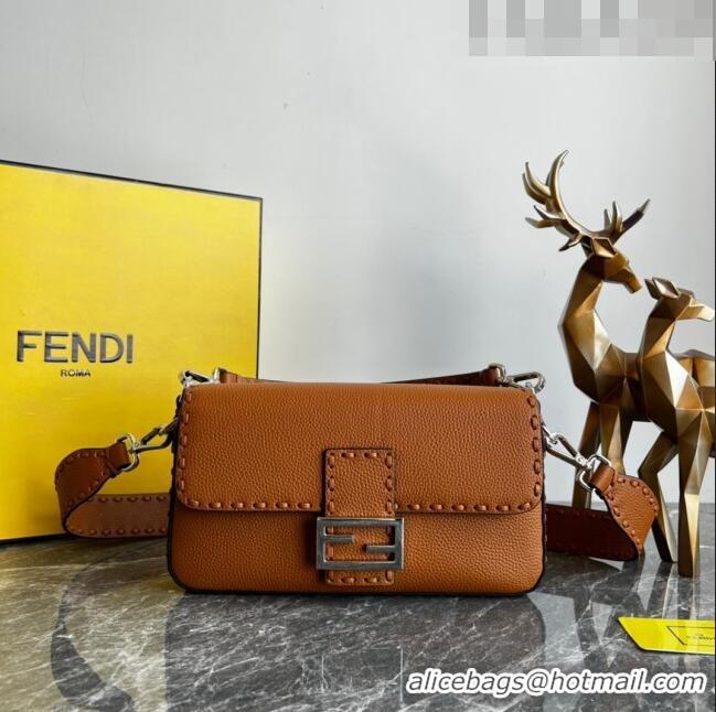 Top Quality Fendi Baguette Medium Bag in Grained Calfskin with oversize topstitching F1065 Brown 2023