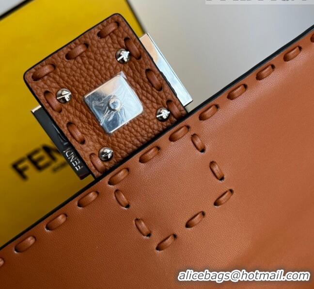 Top Quality Fendi Baguette Medium Bag in Grained Calfskin with oversize topstitching F1065 Brown 2023