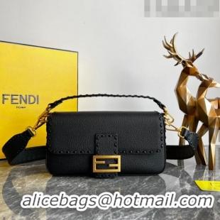 Super Quality Fendi Baguette Medium Bag in Grained Leather with oversize topstitching F1065 Black 2023