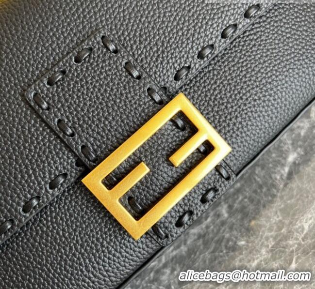 Super Quality Fendi Baguette Medium Bag in Grained Leather with oversize topstitching F1065 Black 2023